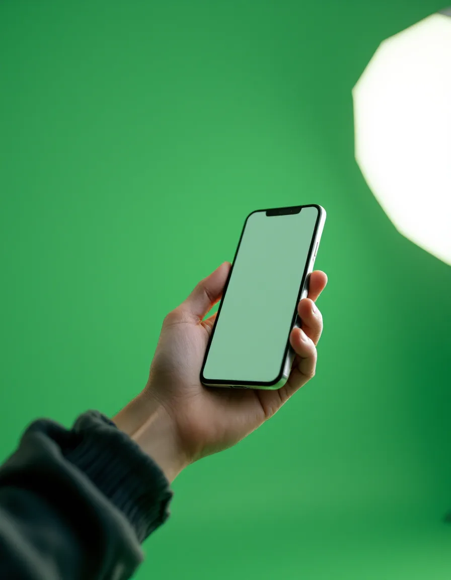 A hand replying to messages on a phone in a green studio
