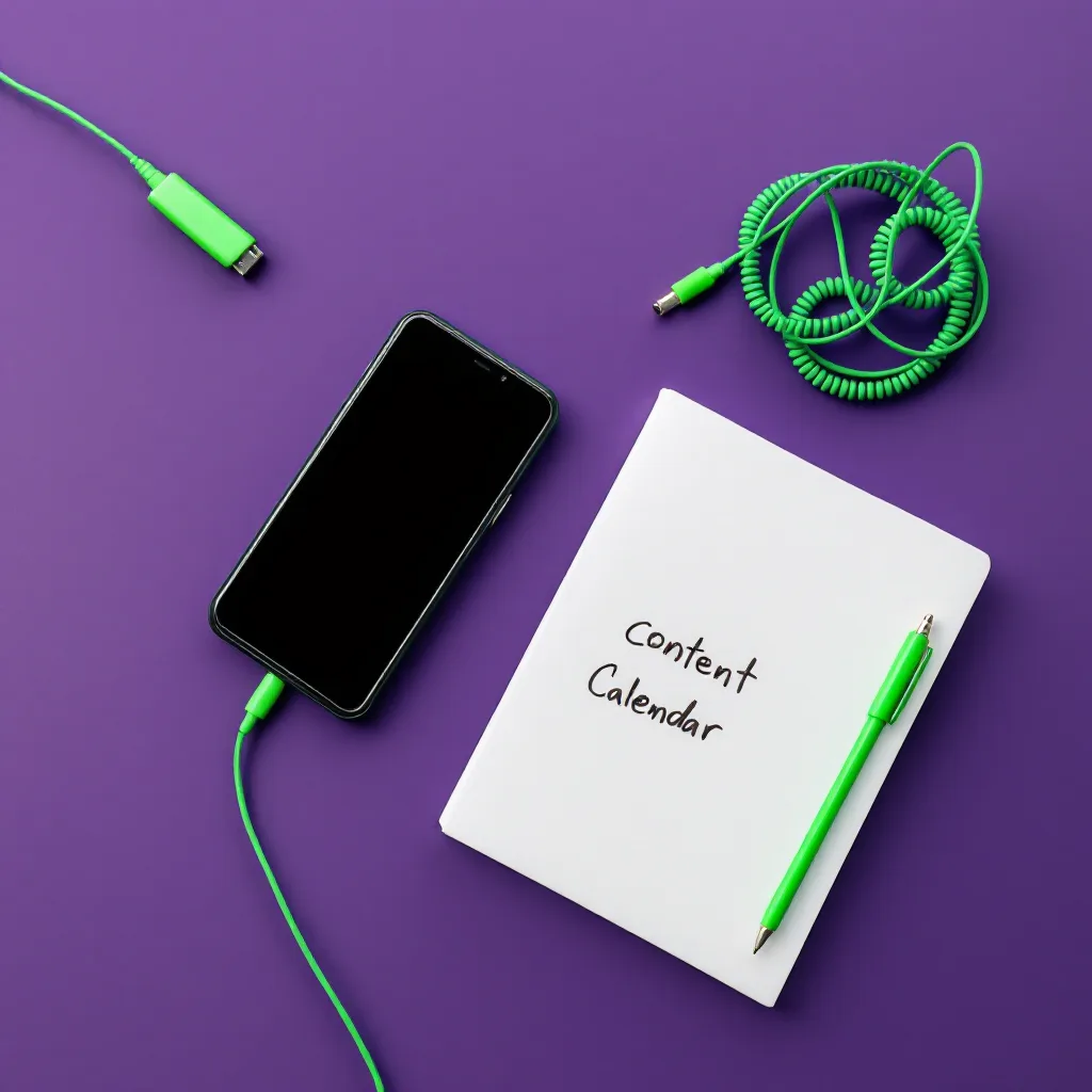 Desk flatlay with a phone, calendar notes, and a green cable